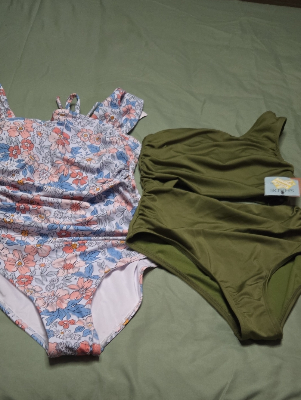 Green Swimsuit and Floral One-Piece Swimsuit - Blue & Peach